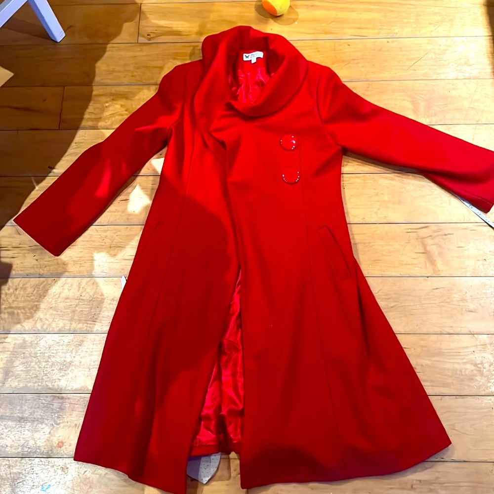 Worn once at wedding. Beautiful high quality red coat. Unique collar. Warm.